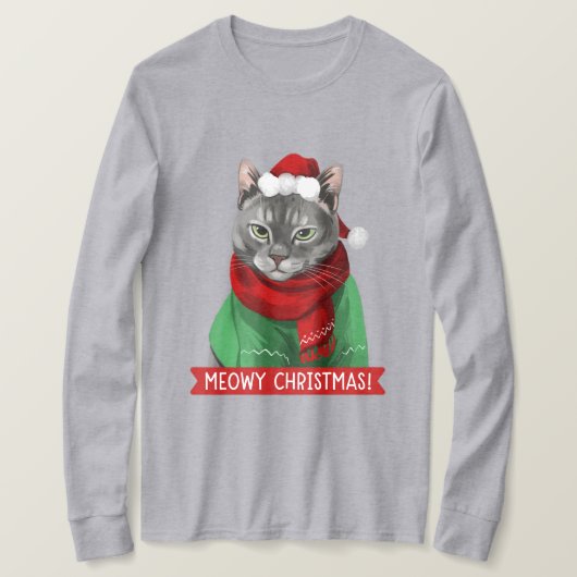 T-shirt Chemise de Noël Meowy, Maybelle le Tabby gris (Design devant)