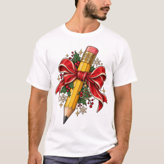 T-shirt Chemise de Noël pour enseignant au crayon avec nœu