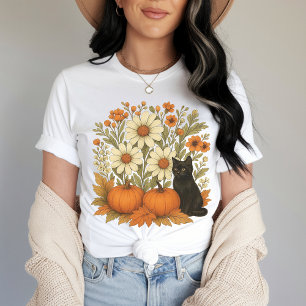 T-shirt Chemise Florale Citrouille d'Automne, Tee Chat Rét