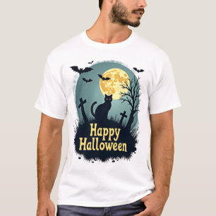 T-shirt Chemise Joyeux Halloween avec Chat dans Cimetière