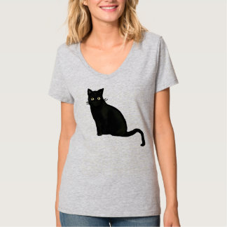 T-shirt Chemise noire à col en V pour femmes avec chat aju