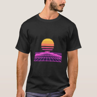 T-shirt Chemise Synthwave Néo Rétro Grille Coucher de Sole