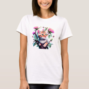 T-shirt Chemise T Acrylique Cute Flower Cat