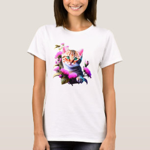 T-shirt Chemise T Acrylique Cute Flower Cat