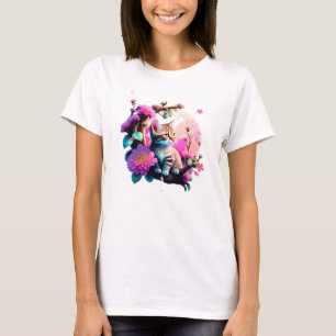 T-shirt Chemise T Acrylique Cute Flower Cat
