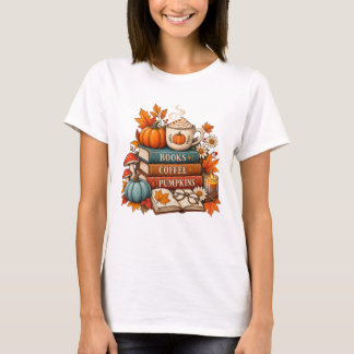 T-shirt Chemises d'automne « Livres, café et citrouilles »