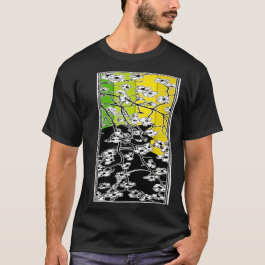 T-shirt Cherry Blossom Flowers Cat Black Stripes Green and (Devant)