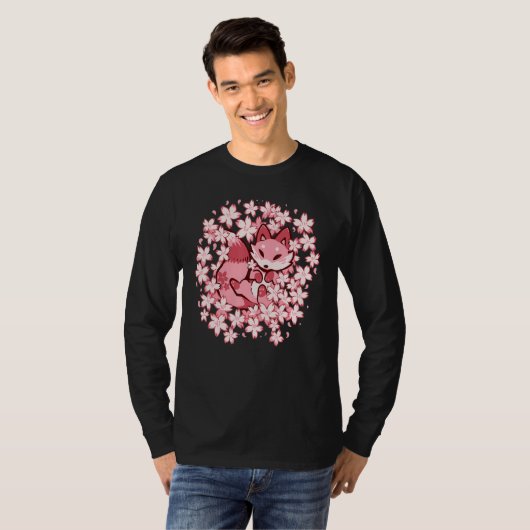 T-shirt Cherry Blossom Fox Cute Pink Fox (Devant entier)