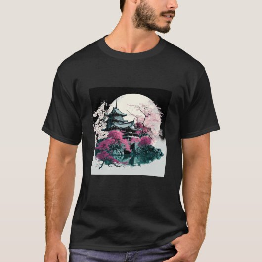 T-shirt Cherry Blossom Japanese Castle with Moon and Water (Devant)