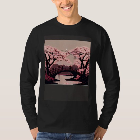 T-shirt Cherry Blossom River and Bridge Artwork Stunning G (Devant)
