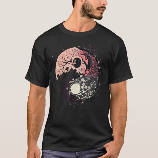 T-shirt Cherry Blossom Taoism Yin Yang on Zen Taijitu Yin  (Devant)