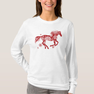 T-shirt Cheval de Noël des flocons rouges et blancs