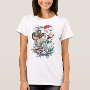 T-shirt Cheval de Noël en Chat de Noël cowgirl cowboy bott