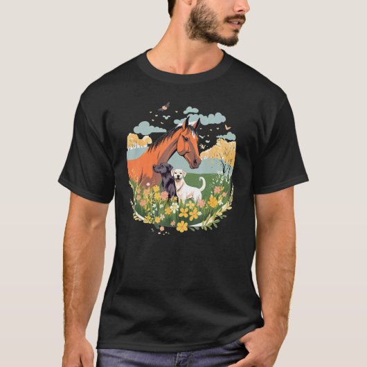 T-shirt Cheval et chien avec cavalier de cheval avec drape (Devant)