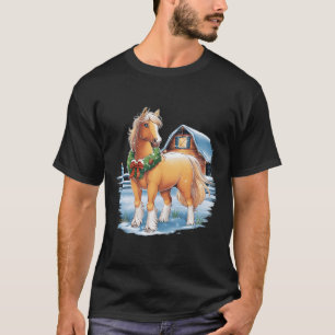 T-shirt Cheval Festif Avec Wreath Sur La Scène Neige