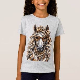 T-Shirt Cheval Glam Imprimé Léopard Chaîne Or Bling