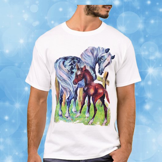 T-shirt Cheval Mère Bébé Herbe Champ