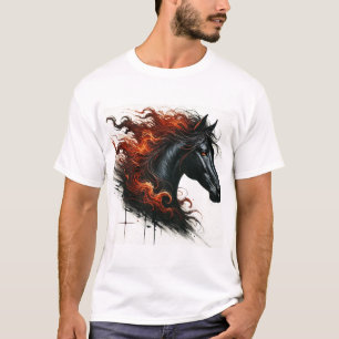 T-shirt Cheval noir avec crinière enflammée