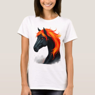 T-shirt Cheval noir avec crinière rouge feu