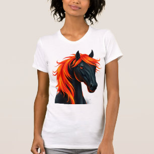 T-shirt Cheval noir avec crinière rouge feu