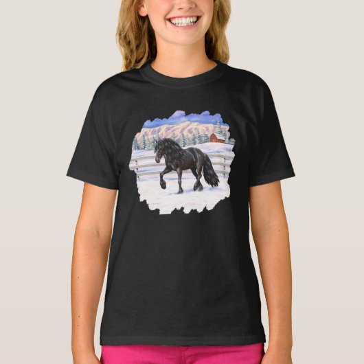 T-shirt Cheval Noir Friésien En Neige (Devant)