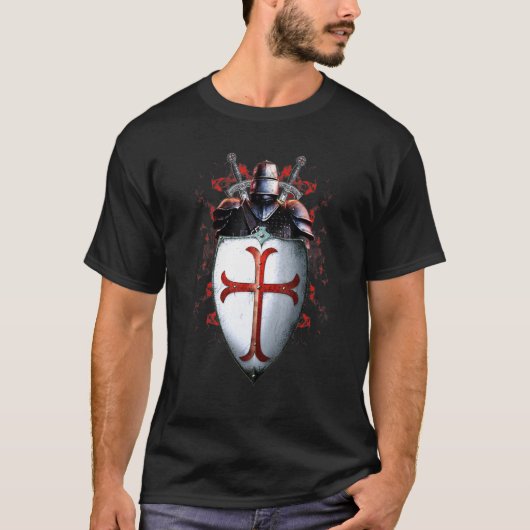 T-shirt Chevalier Templier Drapeau Casque Croix épée (Devant)