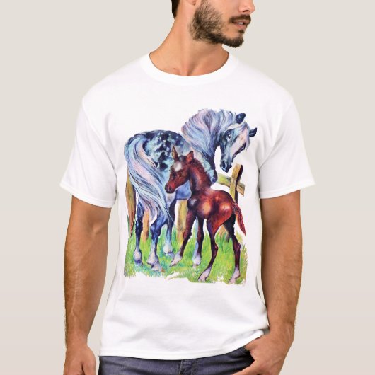 T-shirt Chevaux Mère Bébé Champ d'herbe (Devant)