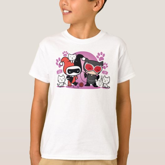 T-shirt Chibi Harley Quinn & Chibi Catwoman Avec Chats (Devant)