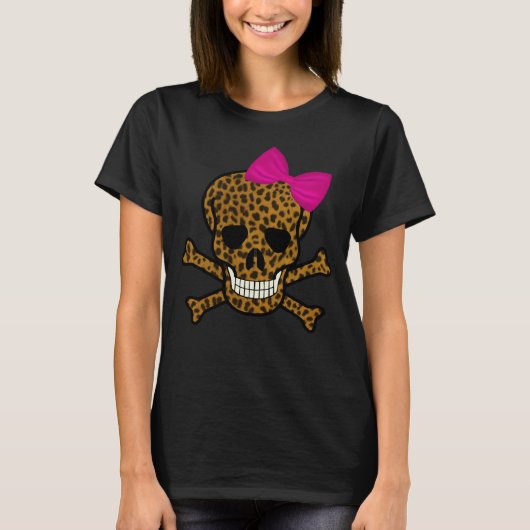T-shirt Chic Empreinte de léopard Pirate crâne rose Bow (Devant)