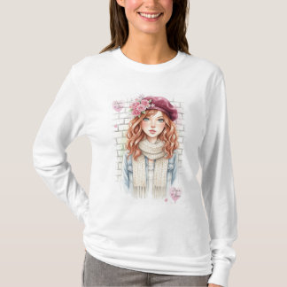 T-shirt Chic Parisian Style Beret Girl Floral Fashion Tee