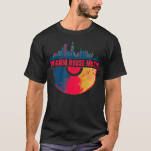 T-shirt Chicago House Music Vinyl Dj Raver Drapeau Skyline