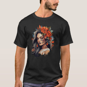 T-shirt Chicano Girl Mexico Fleurs Mort Jolie 5