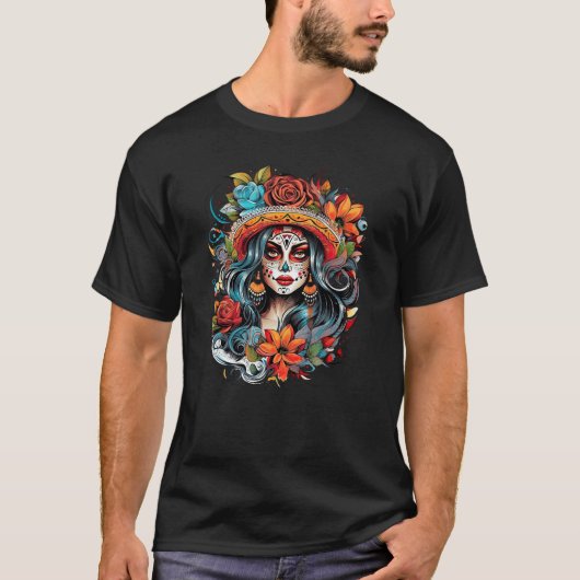 T-shirt Chicano Girl Mexico Flowers Death Pretty 4 (Devant)