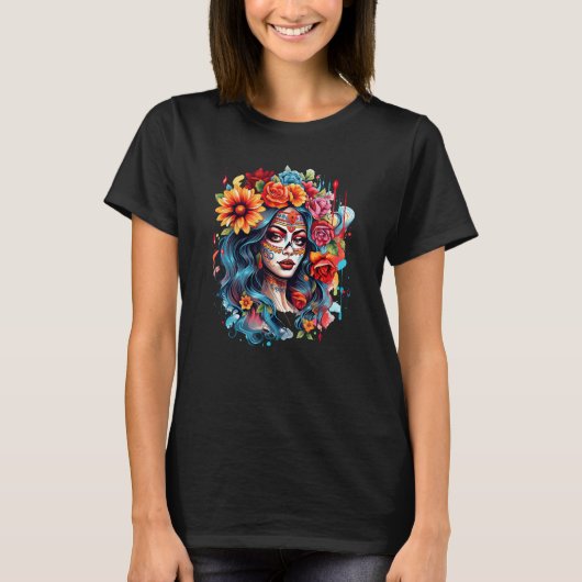 T-shirt Chicano Girl Mexico Flowers Death Pretty 8 (Devant)