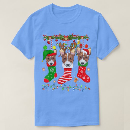 T-shirt Chien Basenji Dans Chaussettes De Noël Éclairage N (Design devant)