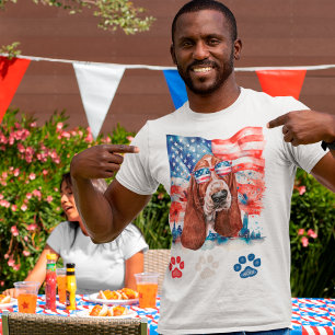 T-shirt Chien Basset Hound Rouge Blanc et Bleu 4 Juillet