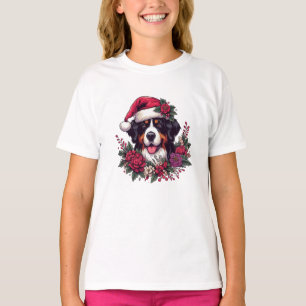 T-shirt Chien bernois de fête avec chapeau de Santa et fle