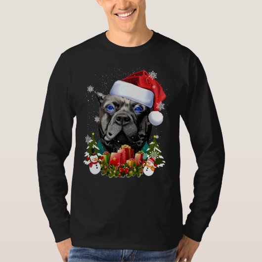 T-shirt Chien bleu Oeil noir Pitbull Noël Chapeau de Noël (Devant)