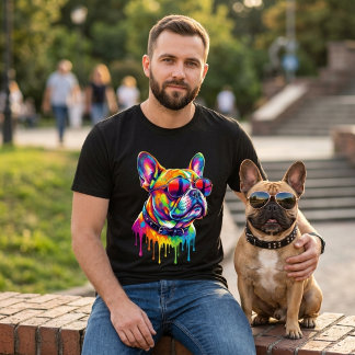 T-shirt Chien Bouledogue Français Coloré portant des Lunet