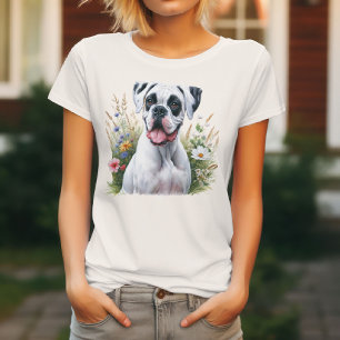 T-shirt Chien Boxer Blanc Parmi les Fleurs