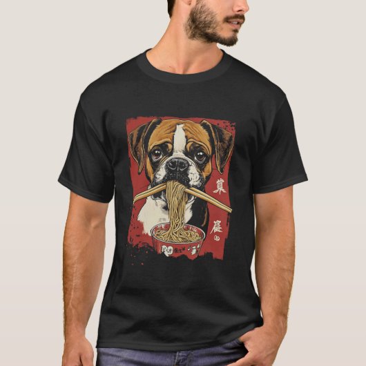 T-shirt Chien Boxer Mangeant du Ramen (Devant)