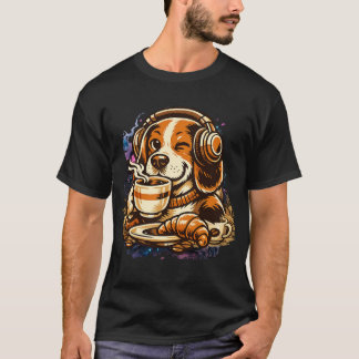 T-shirt Chien Café avec Écouteurs Cute Beagle Morning Vibe