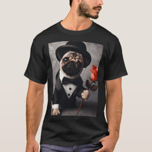 T-shirt Chien carlin en costume de smoking avec rose rouge