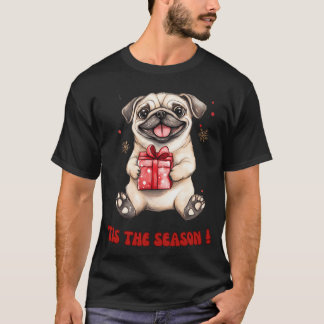 T-shirt Chien carlin tenant un cadeau de Noël