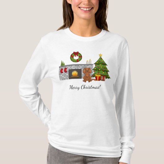 T-shirt Chien Cavalier Ruby dans une salle de Noël festive (Devant)