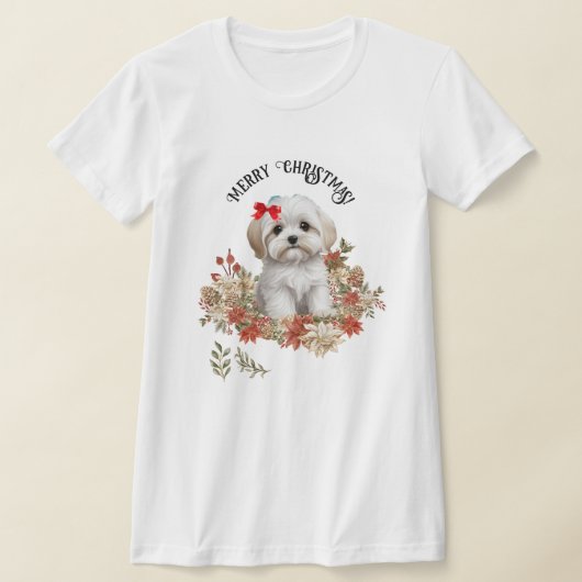 T-shirt Chien chiot maltais de Noël, avec des fleurs (Poser)