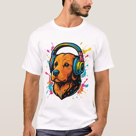 T-shirt Chien Coloré avec Écouteurs (Devant)