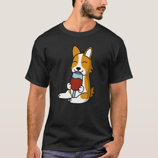 T-shirt Chien Corgi Buvant du Vin (Devant)