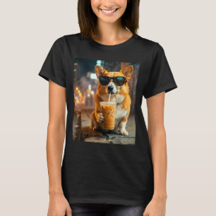 T-shirt Chien corgi buvant un café glacé mème animal drôle