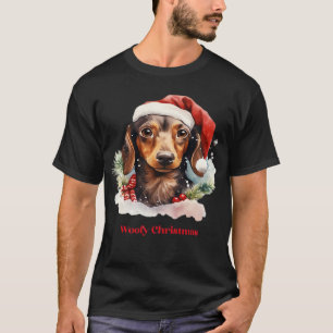 T-shirt Chien Daschund Noël Chapeau Santa Noël Lumière Woo